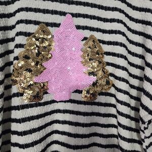 HEIMISH USA Black and White Striped Sweater with Pink and Gold Sequin Trees